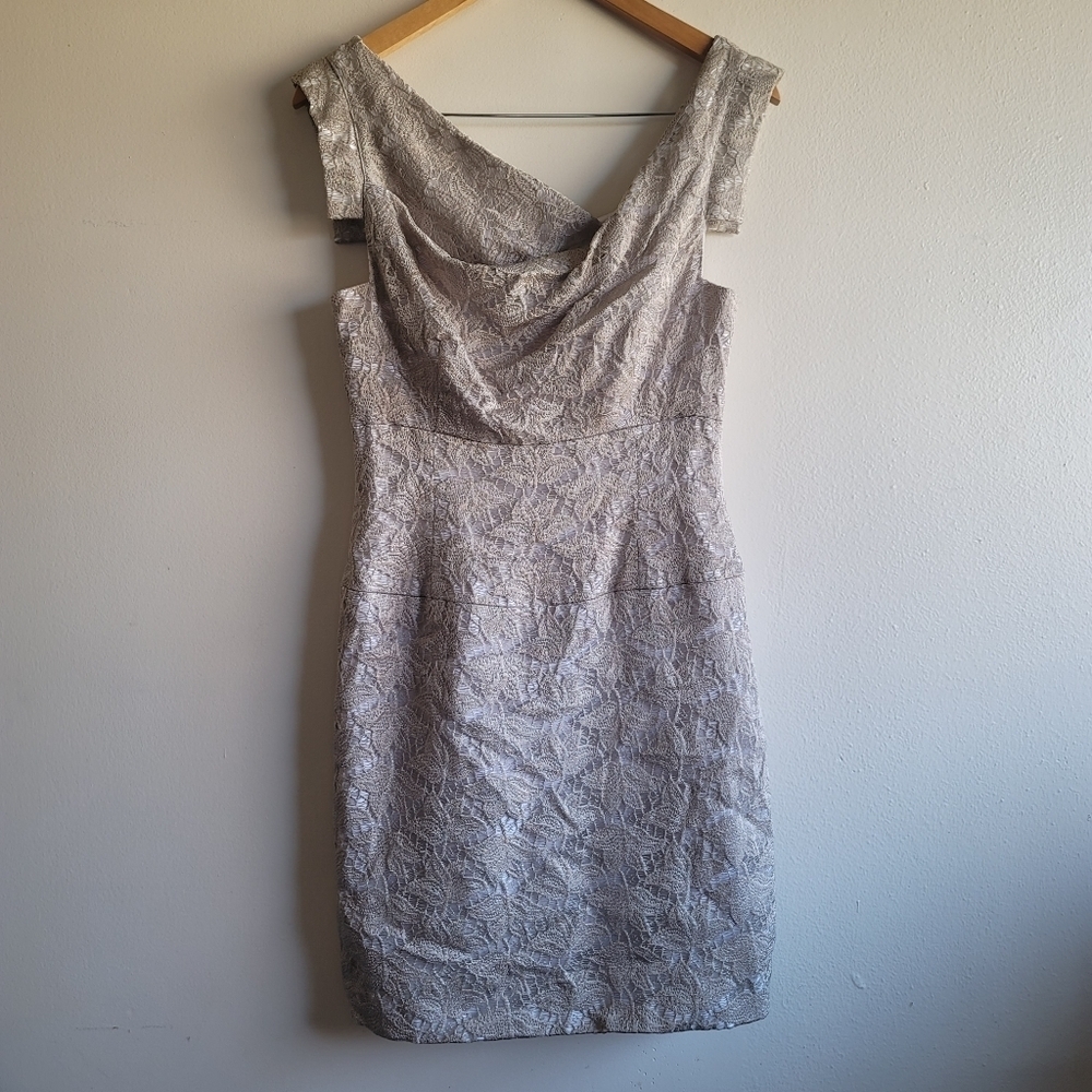 Black Halo, Jackie O Chantilly Lace Sheath Mini Dress, Light Taupe, Size 10